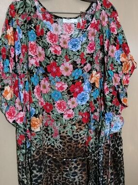 Johnny Was Multi-Color Floral & Leopard Sheer Tunic Beachwear